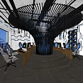 Modern Internet Cafe Interior With Hexagonal Ceiling Design And Computer Workstations 3d model