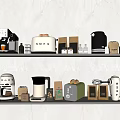 Stylish Essential Kitchen Appliances On Shelves With Coffee Maker Toaster Kettle And Bread