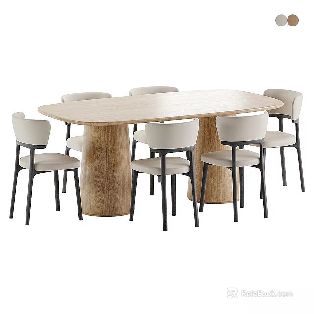 Modern Wooden Dining Table Set With Six Minimalist Chairs Light Seats And Black Legs 3d model 