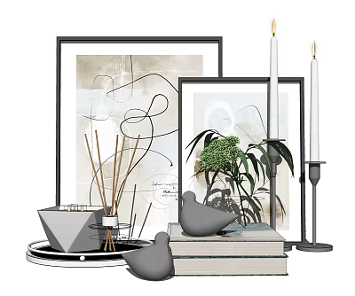 Decorative Ornaments Set Including Abstract Art Picture Frames Green Plant Bird Figurines Candles And Tray 3d model