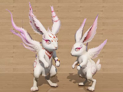 Ornament Decor Combination With Two White Rabbit Figurines Pink Wings Decorative Ears And Red Patterns 3d model