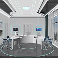 Modern High Tech Control Room Interior With Circular Console Display Screens And Blue Chairs 3d model