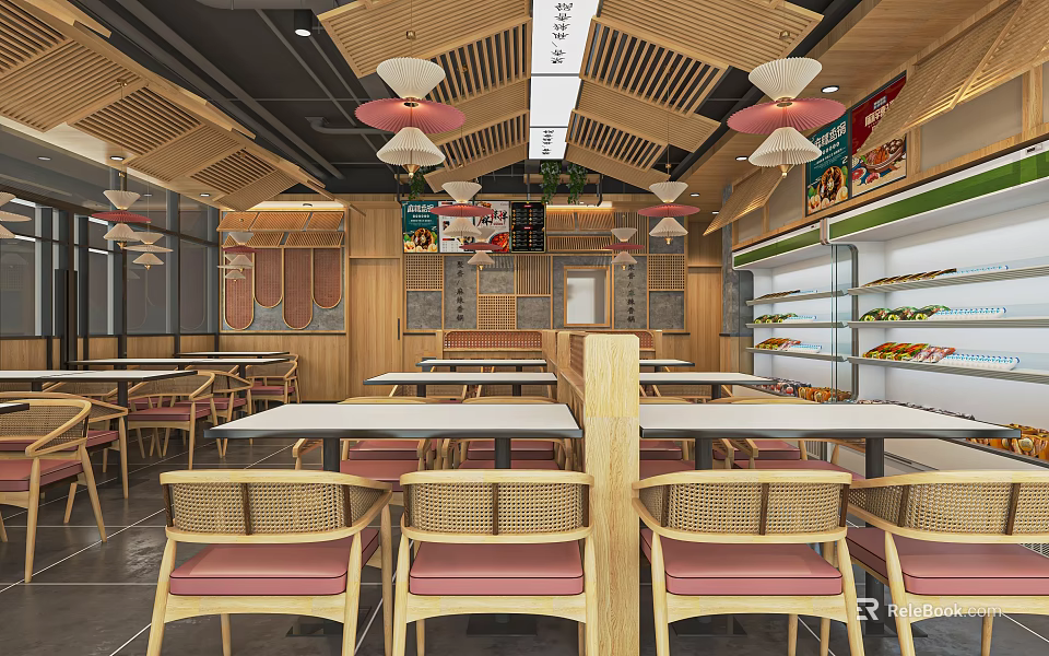 Warm Wooden Restaurant Interior Featuring Ceiling Fans Dining Tables And Menu Display Shelves 3d model 
