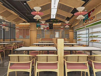 Warm Wooden Restaurant Interior Featuring Ceiling Fans Dining Tables And Menu Display Shelves 3d model
