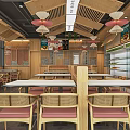 Warm Wooden Restaurant Interior Featuring Ceiling Fans Dining Tables And Menu Display Shelves