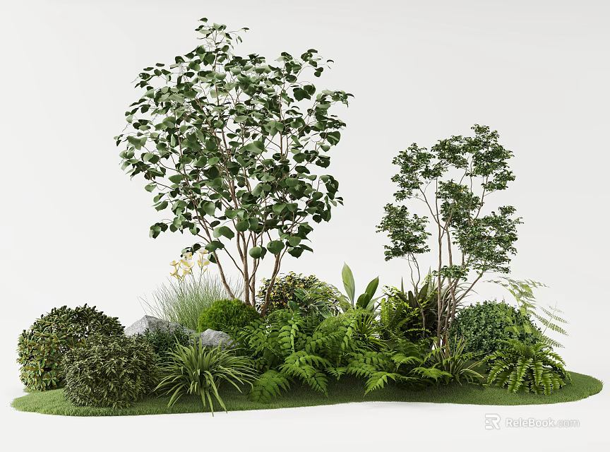 Lush Living Plant Wall With Mixed Greenery Shrubs Ferns And Natural Stones 3d model 