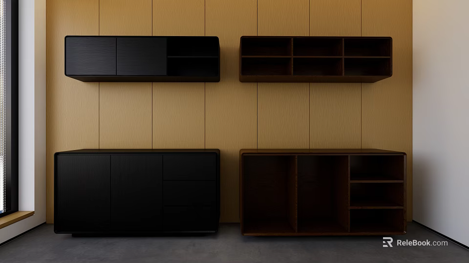 Modern Dining Sideboard Cabinet in Black Brown With Sleek Design Drawers and Open Shelves 3d model 