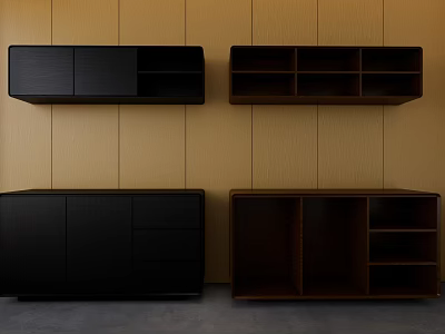 Modern Dining Sideboard Cabinet in Black Brown With Sleek Design Drawers and Open Shelves 3d model