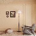 Elegant Floor Lamp With Lace Shade In Living Room Decorative Paintings Armchair And White Flowers
