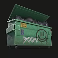 Green Household Trash Bin With Open Lid Black Garbage Bags And Boom Graffiti Smiley Face