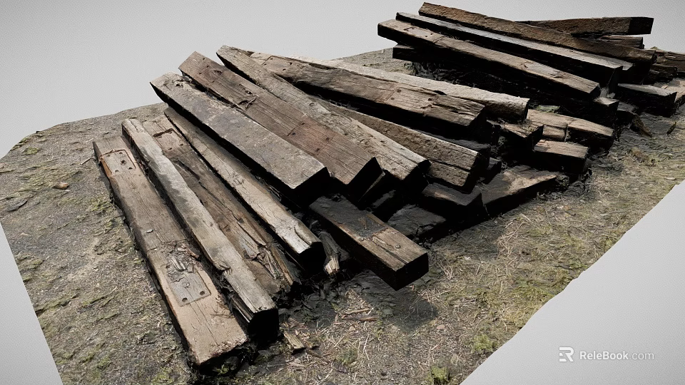 Vintage Car Wooden Components Lying On Ground With Weathered Surfaces And Various Lengths 3d model 