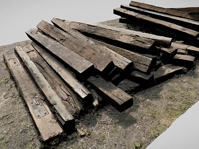 Vintage Car Wooden Components Lying On Ground With Weathered Surfaces And Various Lengths 3d model