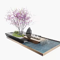 Miniature Garden Ornament With Purple Flowering Tree Stone Slab Path Small Water Feature And Pebbles