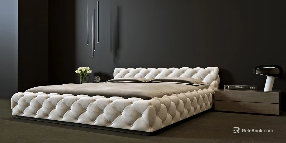 Luxurious Tufted White Double Bed with Dark Wall Hanging Pendant Lights and Bedside Vase 3d model 