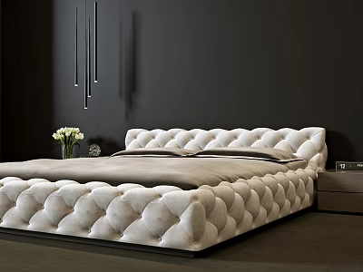 Luxurious Tufted White Double Bed with Dark Wall Hanging Pendant Lights and Bedside Vase 3d model
