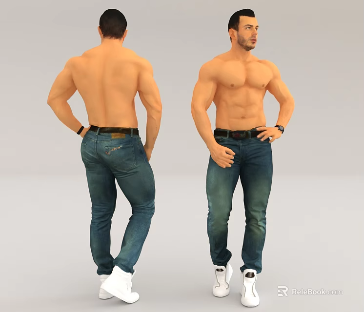 Shirtless Man In Jeans And White Sneakers Front Back View 3d model 