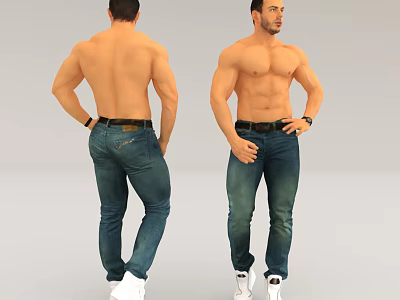 Shirtless Man In Jeans And White Sneakers Front Back View 3d model