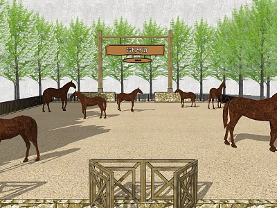 Equestrian Club Ground With Horses Sandy Area Fencing Trees And Wooden Sign 3d model