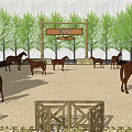 Equestrian Club Ground With Horses Sandy Area Fencing Trees And Wooden Sign