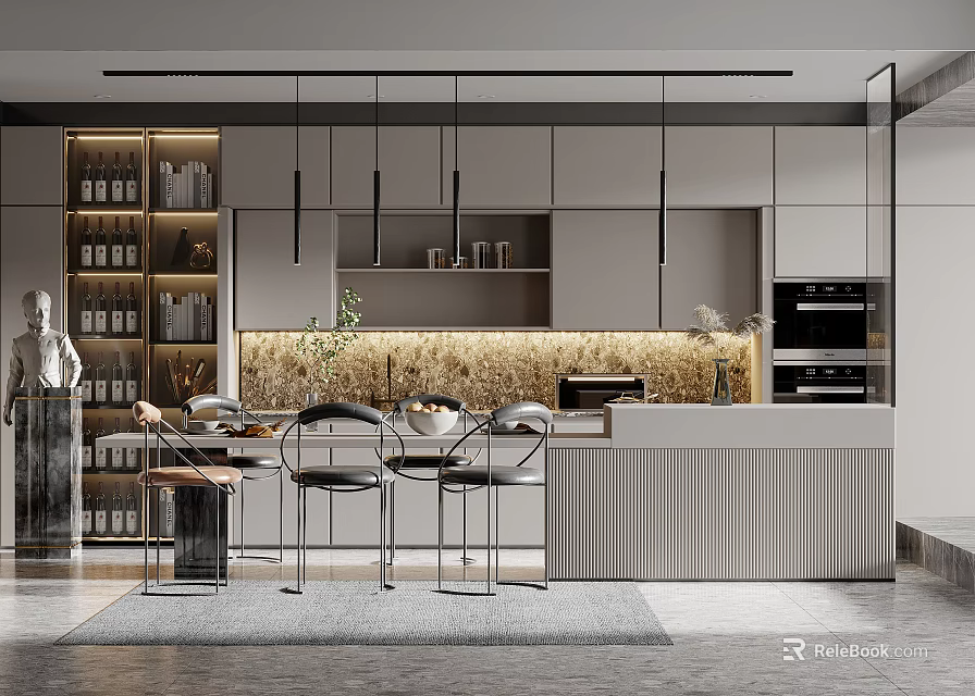 Elegant Modern Kitchen Interior With Island Counter Pendant Lights Golden Backsplash And Cabinets 3d model 