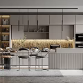 Elegant Modern Kitchen Interior With Island Counter Pendant Lights Golden Backsplash And Cabinets