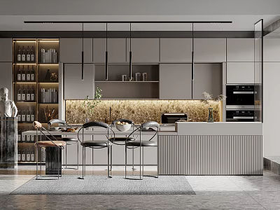 Elegant Modern Kitchen Interior With Island Counter Pendant Lights Golden Backsplash And Cabinets 3d model