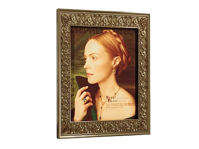 Portrait Painting of Elegant Female in Ornate Gold Frame with Updo Hairstyle and Pearl River 3d model