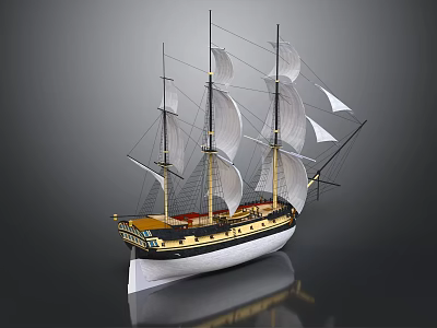 Detailed Model Sailing Ship With Multiple Masts White Sails And Reflective Surface 3d model