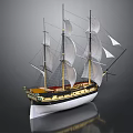 Detailed Model Sailing Ship With Multiple Masts White Sails And Reflective Surface