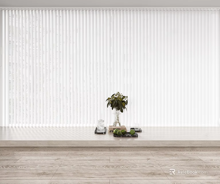 White Window Blinds With Green Plant On Window Sill And Wooden Floor 3d model 