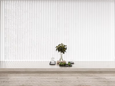 White Window Blinds With Green Plant On Window Sill And Wooden Floor 3d model