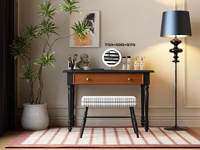 Elegant Wooden Dressing Table With Striped Stool Floor Lamp Potted Plant And Wall Art 3d model