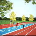 Outdoor Colorful Track With Footprint Patterns Children And Adults Playing Under Blue Sky