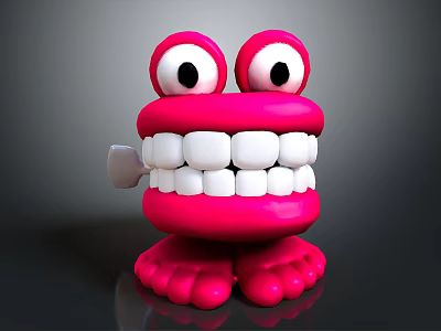 Playful Pink Cartoon Creature Smiling With Big Eyes White Teeth And Red Feet Holding Toothbrush 3d model