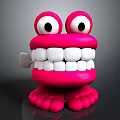 Playful Pink Cartoon Creature Smiling With Big Eyes White Teeth And Red Feet Holding Toothbrush