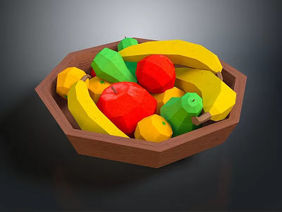 Colorful Low Poly Assorted Fruits in Wooden Bowl with Banana Apple Orange Pear 3d model