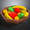 Colorful Low Poly Assorted Fruits in Wooden Bowl with Banana Apple Orange Pear
