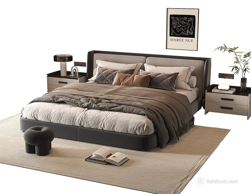 Modern Double Bed with Upholstered Headboard Gray Beige Bedding Nightstands Table Lamps Rug And Pouf 3d model 