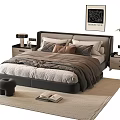 Modern Double Bed with Upholstered Headboard Gray Beige Bedding Nightstands Table Lamps Rug And Pouf