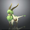 Fantasy Creature Character With Green Fur White Body Yellow Horns And Decorative Tail
