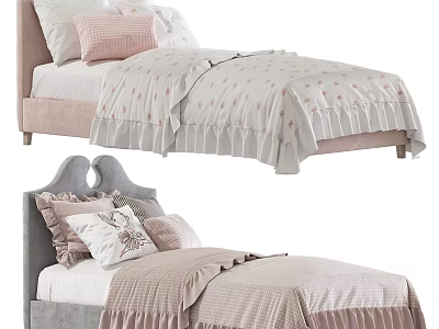 Cozy Single Beds with Pink Grey Headboards Dotted Quilt Striped Blanket and Ruffled Bedding 3d model