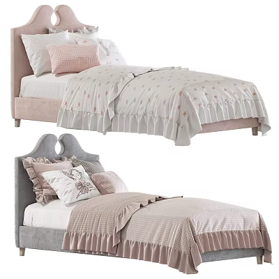 Cozy Single Beds with Pink Grey Headboards Dotted Quilt Striped Blanket and Ruffled Bedding 3d model