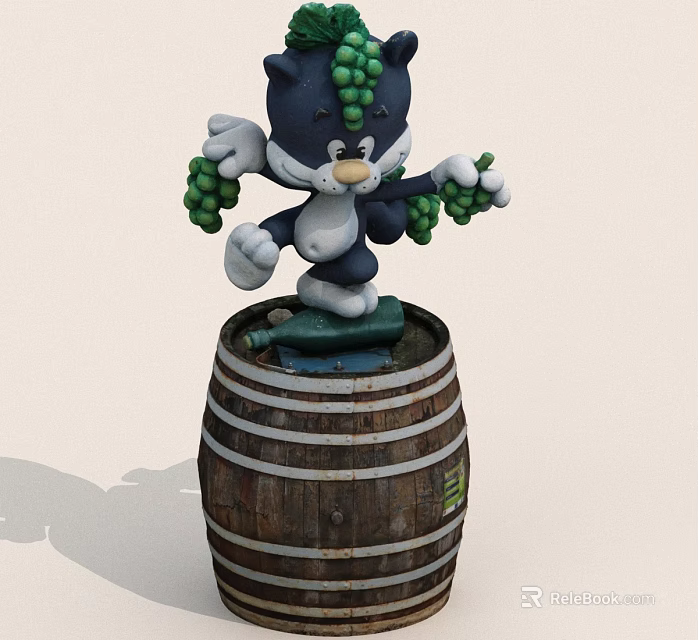 Cartoon Black White Cat Holding Green Grapes Standing On Striped Wooden Barrel 3d model 