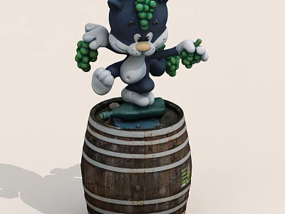 Cartoon Black White Cat Holding Green Grapes Standing On Striped Wooden Barrel 3d model