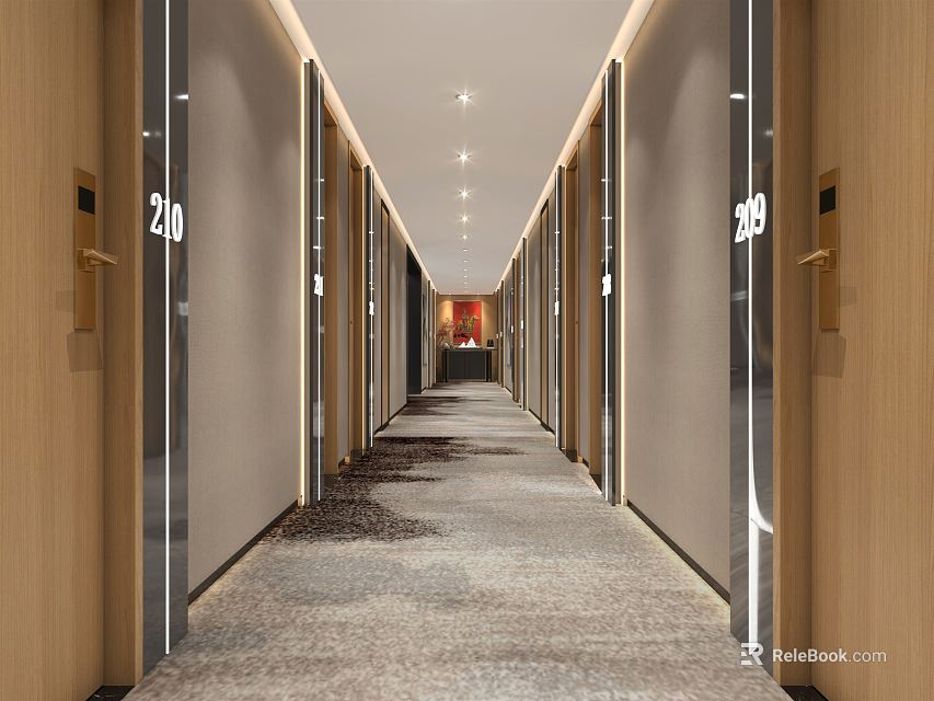 Modern Hotel Corridor With Room Doors Numbers Carpeted Floor And Ceiling Lights 3d model 