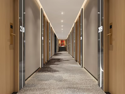 Modern Hotel Corridor With Room Doors Numbers Carpeted Floor And Ceiling Lights 3d model