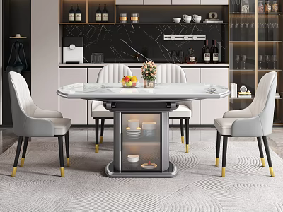 Elegant Round Dining Table Set with Light Gray Chairs Black Gold Legs and Storage Base 3d model