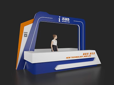 Modern Reception Desk With Blue White Orange Design And New Technology Signage 3d model