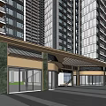 Modern Hotel Building Exterior Architecture With Glass Curtain Wall And Central Fountain Plaza