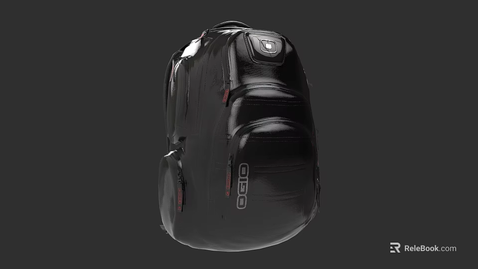 Durable Stylish Black Shiny Backpack With OGIO Logo And Red Zippers 3d model 